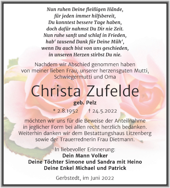 Traueranzeige von Christa Zufelde von Trauerkombi Mansfelder Land