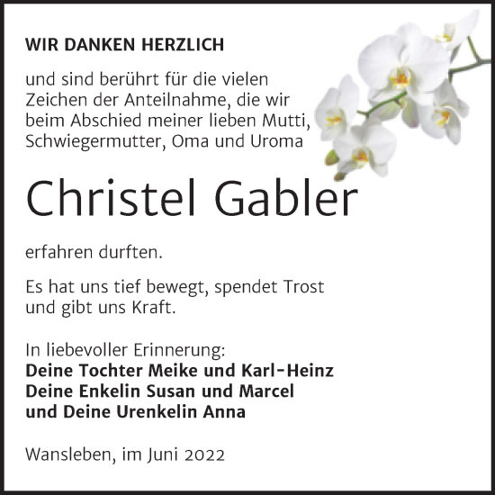Traueranzeige von Christel Gabler von Trauerkombi Mansfelder Land