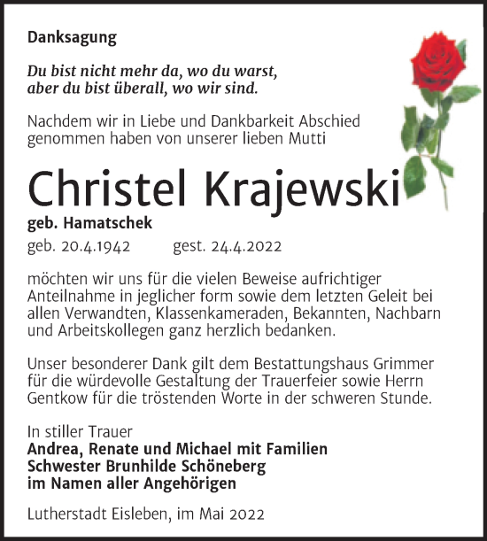 Traueranzeige von Christel Krajewski von Trauerkombi Mansfelder Land