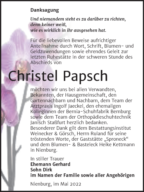 Traueranzeige von Christel Papsch von Trauerkombi Bernburg