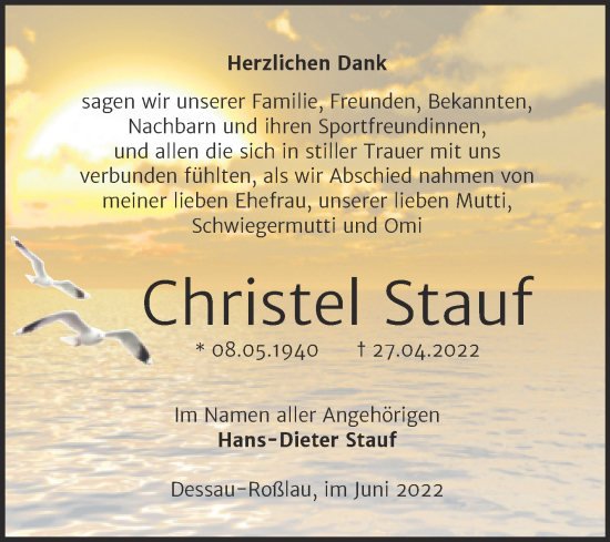 Traueranzeige von Christel Stauf von Trauerkombi Dessau
