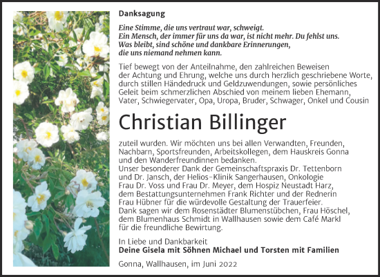 Traueranzeige von Christian Billinger von Trauerkombi Sangerhausen