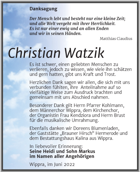 Traueranzeige von Christian Watzik von Trauerkombi Mansfelder Land