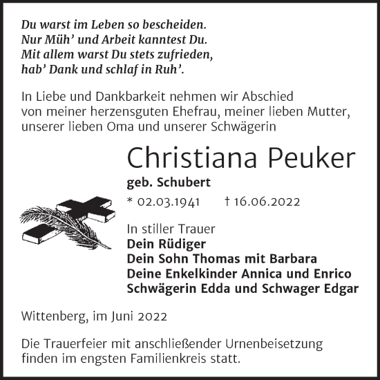 Traueranzeige von Christiana Peuker von Trauerkombi Wittenberg