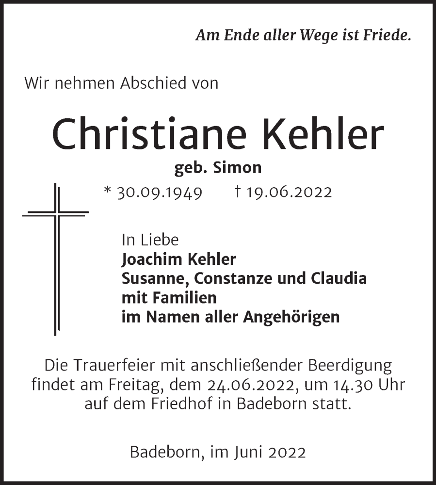  Traueranzeige für Christiane Kehler vom 22.06.2022 aus Mitteldeutsche Zeitung Quedlingburg