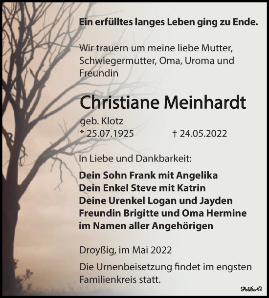 Traueranzeige von Christiane Meinhardt von Trauerkombi Zeitz