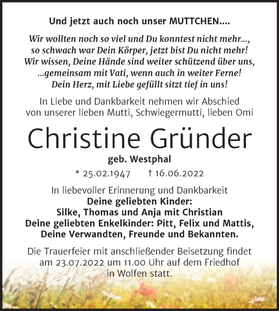 Traueranzeige von Christine Gründer von Trauerkombi Bitterfeld