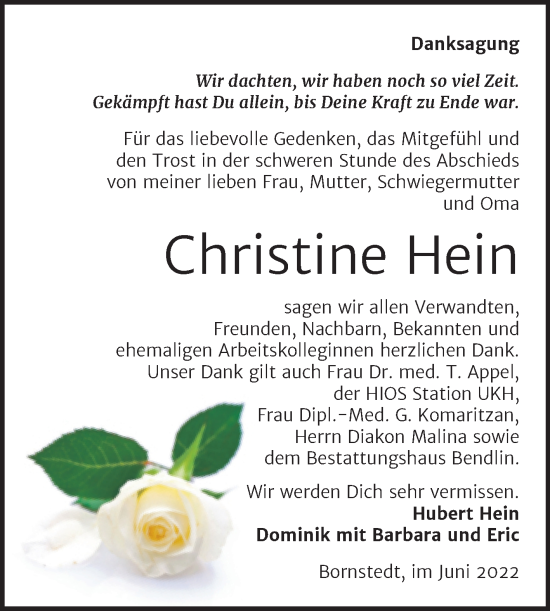 Traueranzeige von Christine Hein von Trauerkombi Mansfelder Land