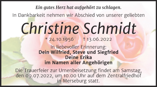 Traueranzeige von Christine Schmidt von Trauerkombi Merseburg