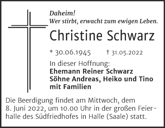 Traueranzeige von Christine Schwarz von Mitteldeutsche Zeitung Halle/Saalkreis