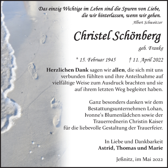 Traueranzeige von Chritsel Schönberg von Trauerkombi Bitterfeld