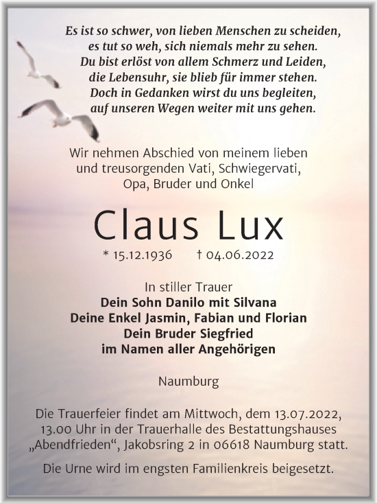Traueranzeige von Claus Lux von Wochenspiegel Naumburg/Nebra