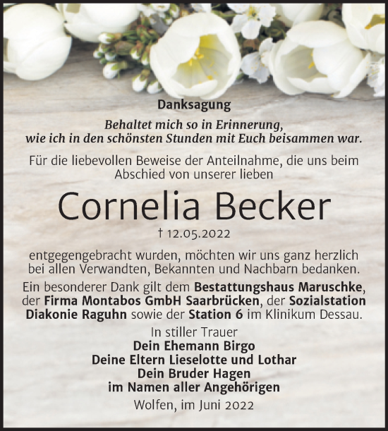 Traueranzeige von Cornelia Becker von Trauerkombi Bitterfeld
