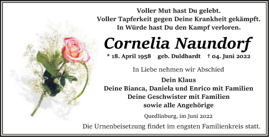Traueranzeige von Cornelia Naundorf von Trauerkombi Quedlinburg