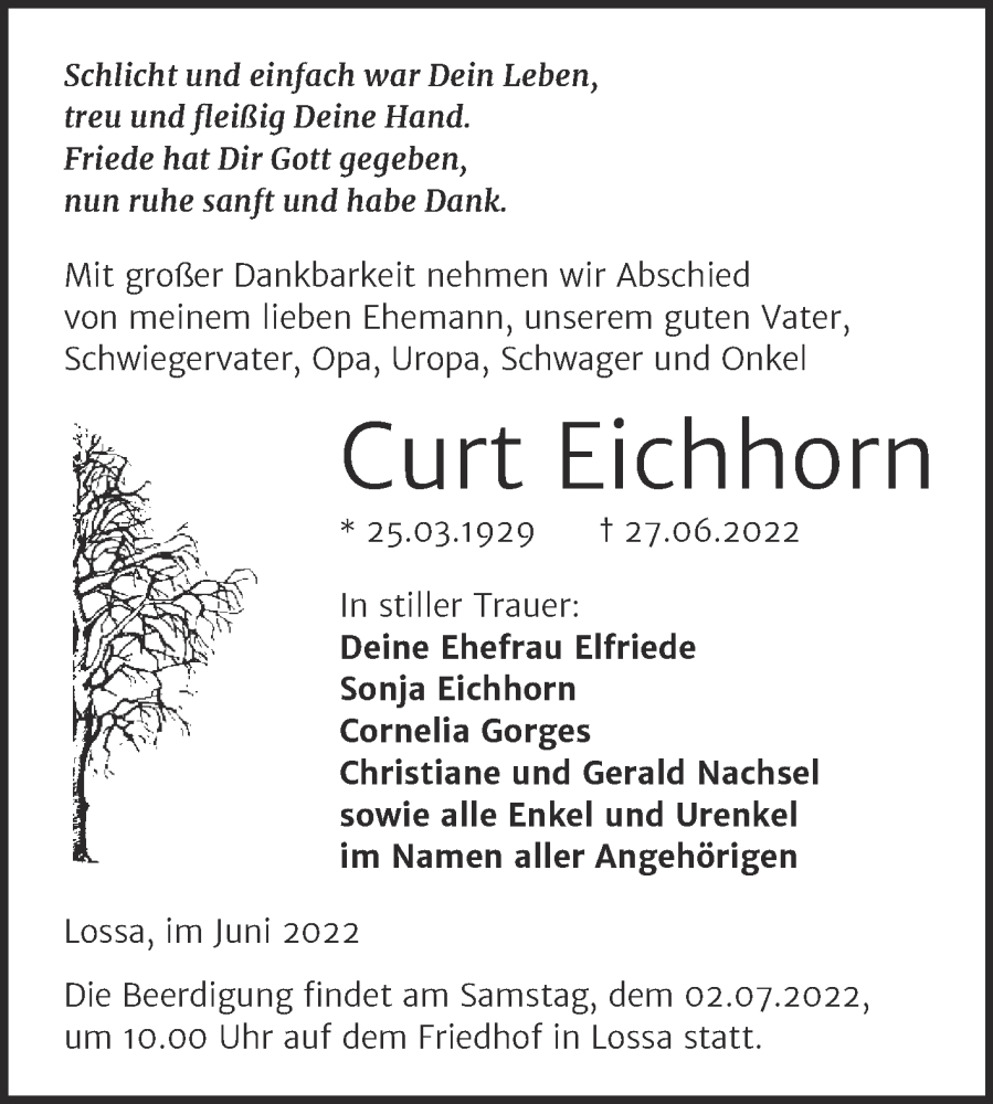  Traueranzeige für Curt Eichhorn vom 28.06.2022 aus Naumburger Tageblatt