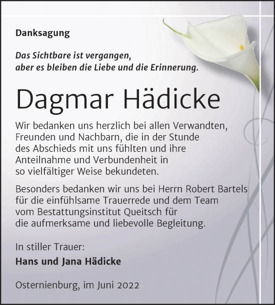 Traueranzeige von Dagmar Hädicke von Trauerkombi Köthen
