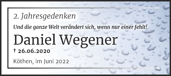 Traueranzeige von Daniel Wegener von Trauerkombi Köthen