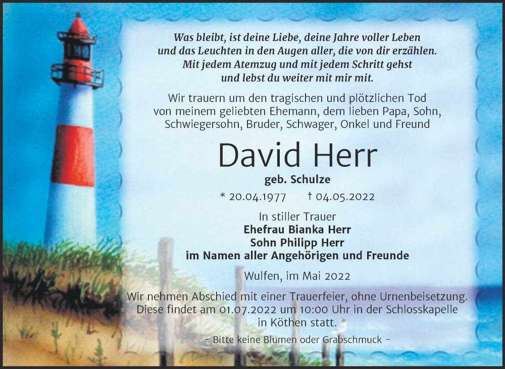  Traueranzeige für David Herr vom 18.06.2022 aus Trauerkombi Köthen