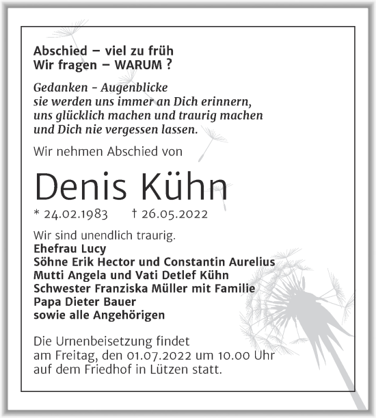 Traueranzeige von Denis Kühn von Trauerkombi Weißenfels
