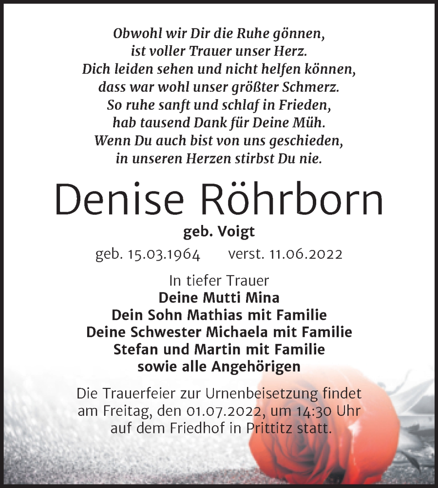  Traueranzeige für Denise Röhrborn vom 22.06.2022 aus Trauerkombi Weißenfels