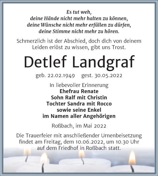 Traueranzeige von Detlef Landgraf von Trauerkombi Merseburg