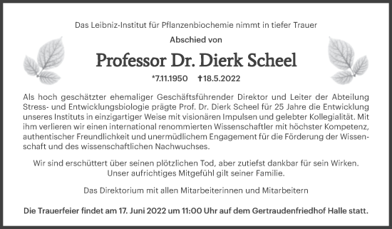 Traueranzeige von Dierk Scheel von Mitteldeutsche Zeitung Halle/Saalkreis