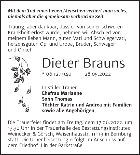 Traueranzeige von Dieter Brauns von Trauerkombi Bernburg