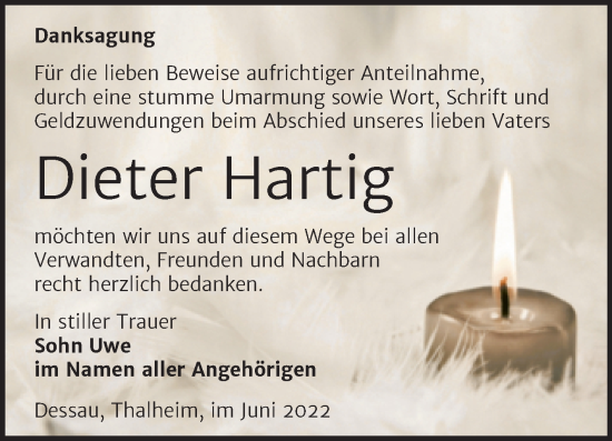 Traueranzeige von Dieter Hartig von Trauerkombi Bitterfeld
