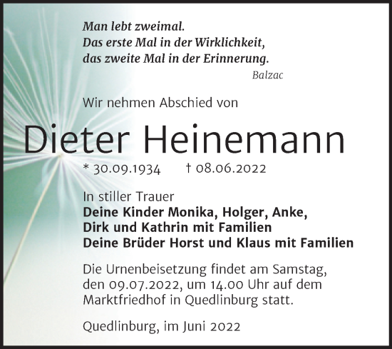 Traueranzeige von Dieter Heinemann von Trauerkombi Quedlinburg