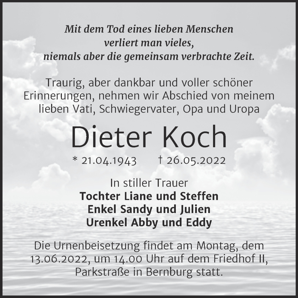  Traueranzeige für Dieter Koch vom 04.06.2022 aus Trauerkombi Bernburg