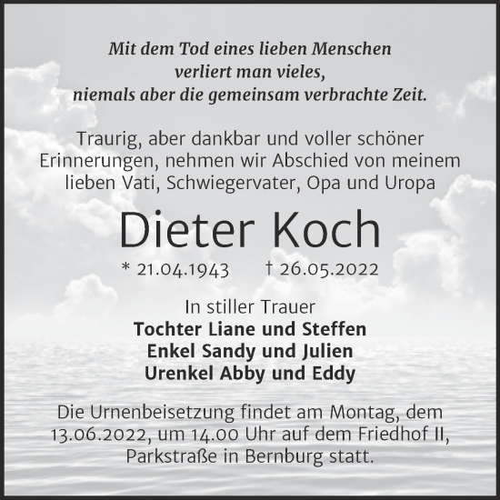 Traueranzeige von Dieter Koch von Trauerkombi Bernburg