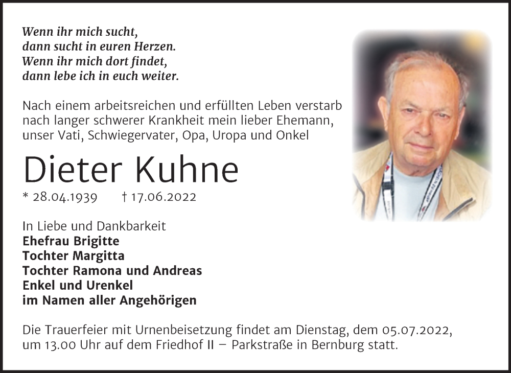  Traueranzeige für Dieter Kuhne vom 25.06.2022 aus Trauerkombi Bernburg