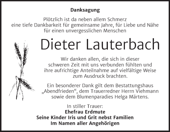 Traueranzeige von Dieter Lauterbach von Trauerkombi Merseburg