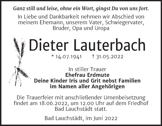 Traueranzeige von Dieter Lauterbach von Trauerkombi Merseburg