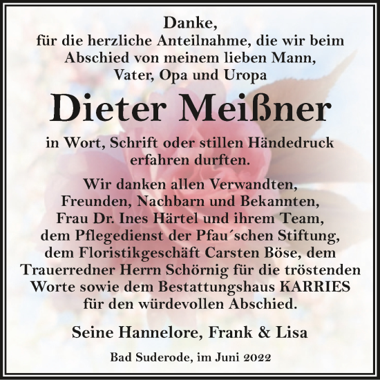 Traueranzeige von Dieter Meißner von Trauerkombi Quedlinburg