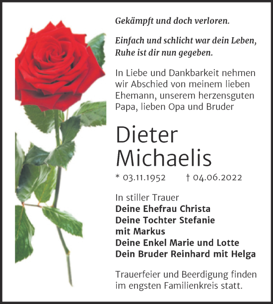 Traueranzeige von Dieter Michaelis von Trauerkombi Wittenberg