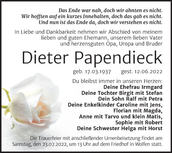 Traueranzeige von Dieter Papendieck von Trauerkombi Bitterfeld