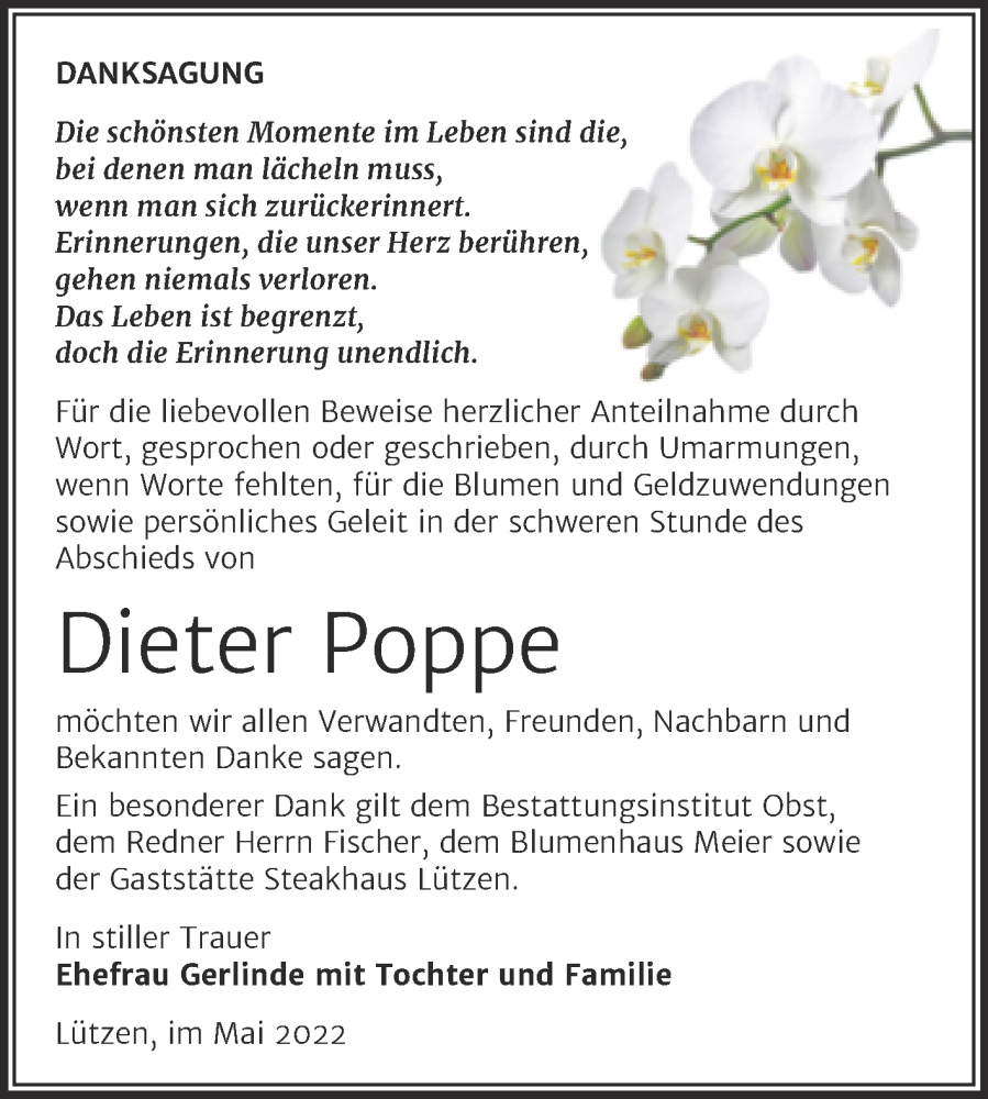  Traueranzeige für Dieter Poppe vom 11.06.2022 aus Trauerkombi Weißenfels
