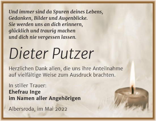 Traueranzeige von Dieter Putzer von Trauerkombi Merseburg