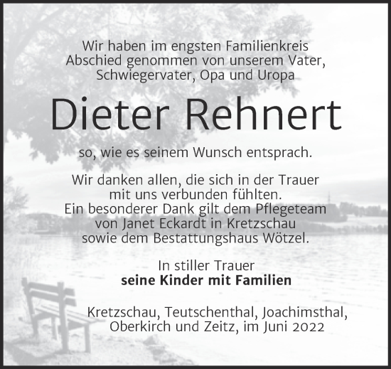 Traueranzeige von Dieter Rehnert von Trauerkombi Zeitz