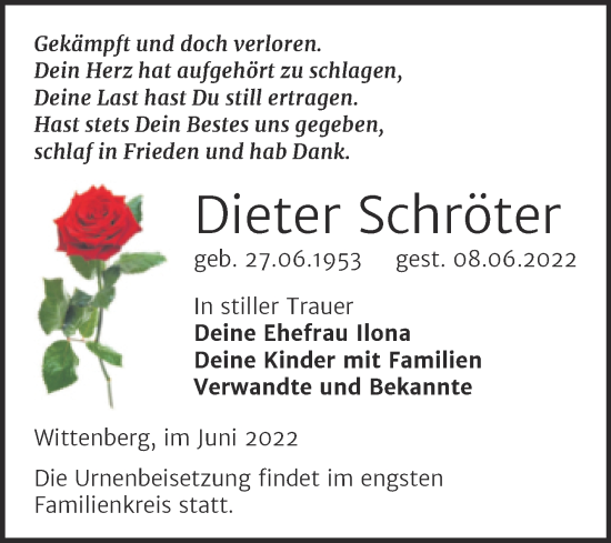 Traueranzeige von Dieter Schröter von Trauerkombi Wittenberg