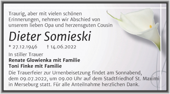 Traueranzeige von Dieter Somieski von Trauerkombi Merseburg