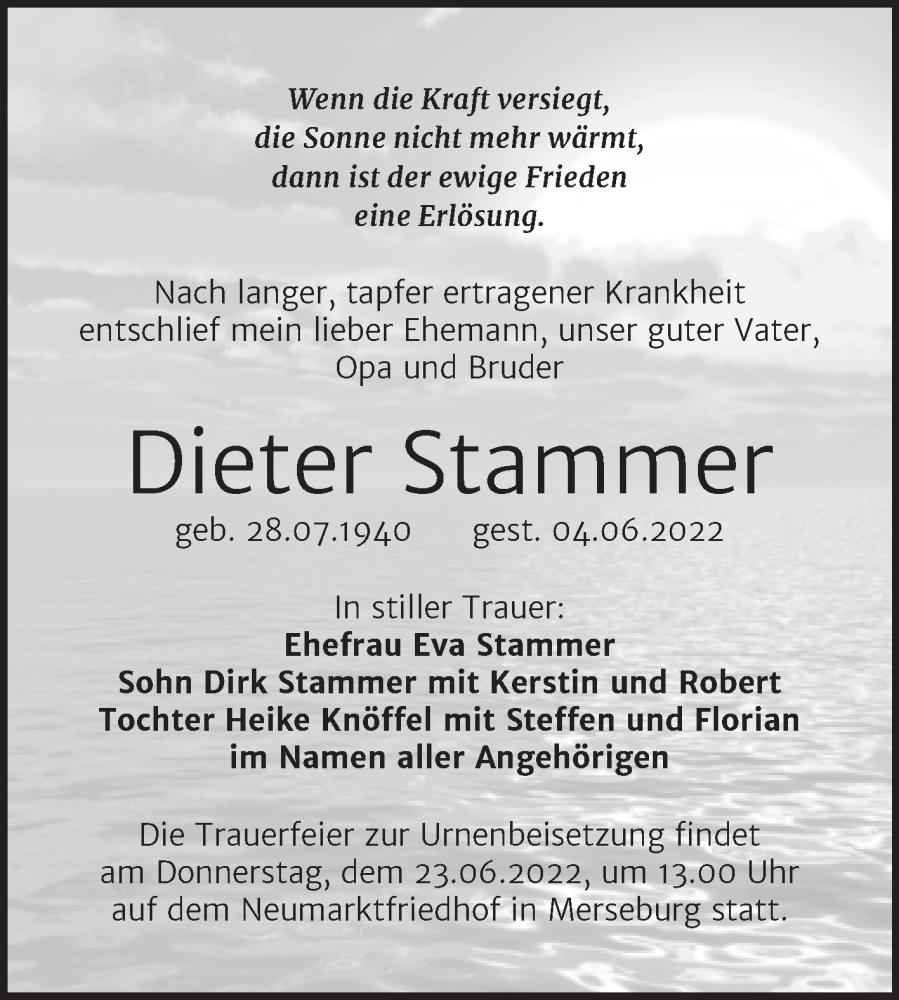 Traueranzeige für Dieter Stammer vom 18.06.2022 aus Trauerkombi Merseburg