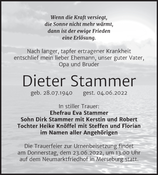 Traueranzeige von Dieter Stammer von Trauerkombi Merseburg
