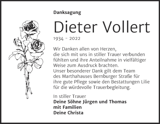 Traueranzeige von Dieter Vollert von Trauerkombi Dessau