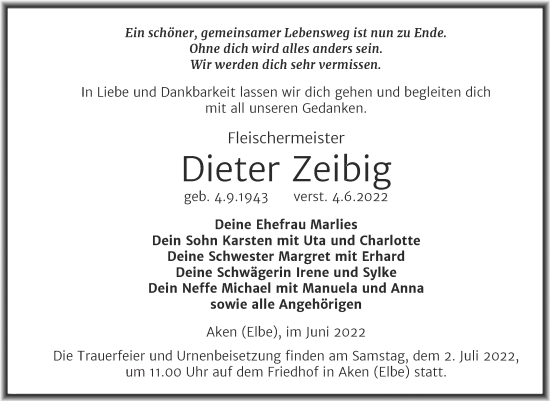 Traueranzeige von Dieter Zeibig von Trauerkombi Köthen