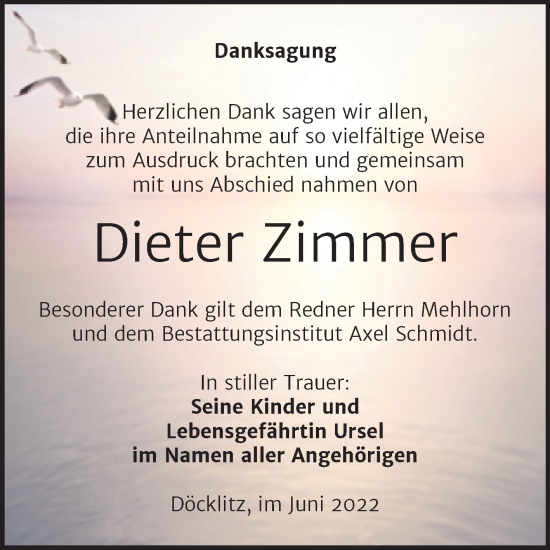 Traueranzeige von Dieter Zimmer von Trauerkombi Merseburg
