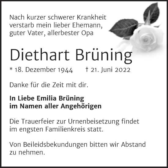 Traueranzeige von Diethart Brüning von Naumburger Tageblatt