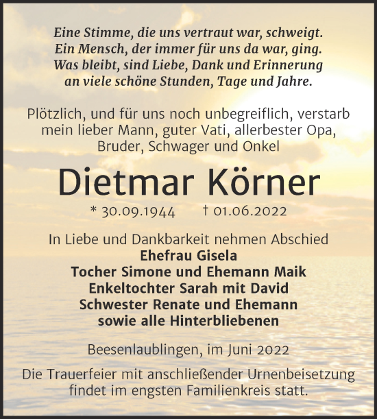 Traueranzeige von Dietmar Körner von Trauerkombi Bernburg