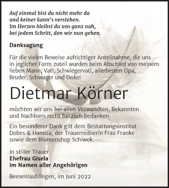 Traueranzeige von Dietmar Körner von Trauerkombi Bernburg